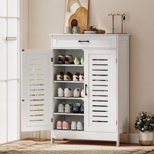 Shoe Cabinet With Louvered Doors, Drawer, Adjustable Shelves, White Shoe Storage Cabinets & Racks White at Gallery Canada