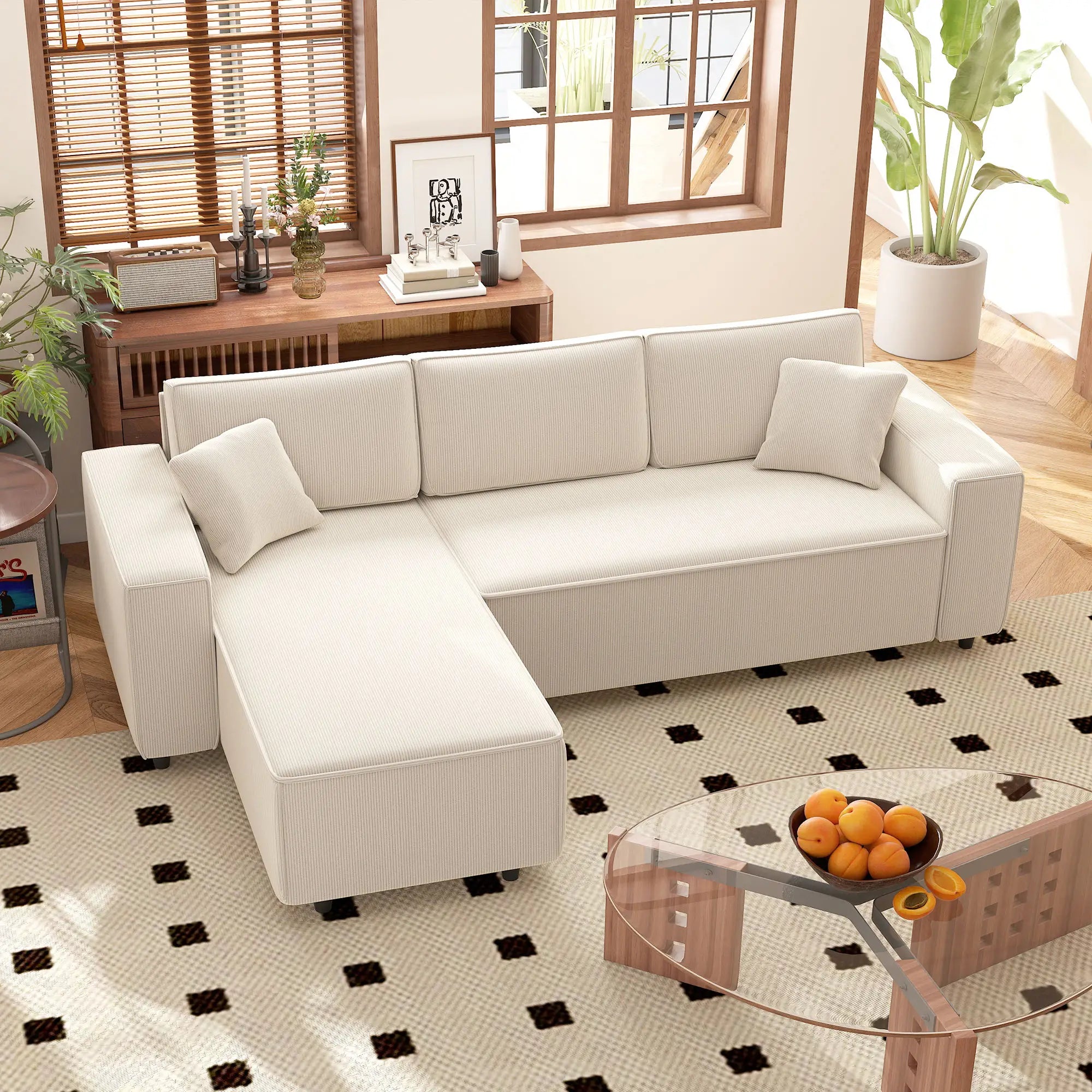 Corner Sofa, L-Shaped Sectional, Corduroy, Pocket Spring, Cream White Sofas & Reclining Chairs at Gallery Canada
