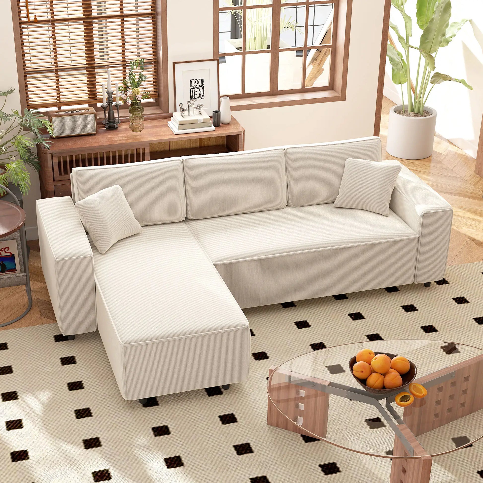 Corner Sofa, L-Shaped Sectional, Corduroy, Pocket Spring, Cream White Sofas & Reclining Chairs at Gallery Canada