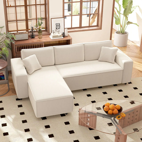 Corner Sofa, L-Shaped Sectional, Corduroy, Pocket Spring, Cream White