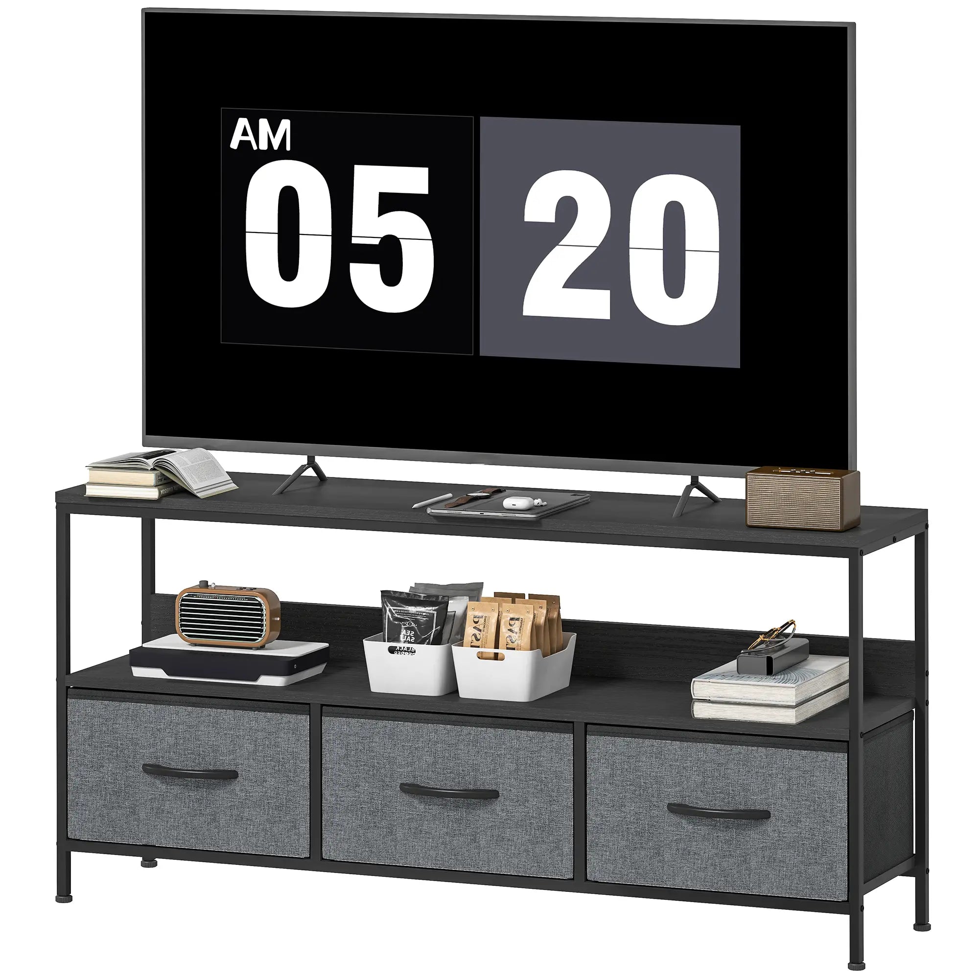 TV Stand with Charging Station, 3 Foldable Drawers, Open Shelf, 55 Inch, Black TV Stands Black, Charcoal Grey at Gallery Canada