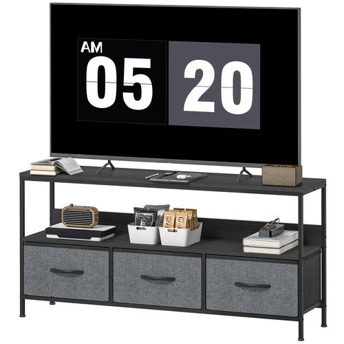 TV Stand with Charging Station, 3 Foldable Drawers, Open Shelf, 55 Inch, Black
