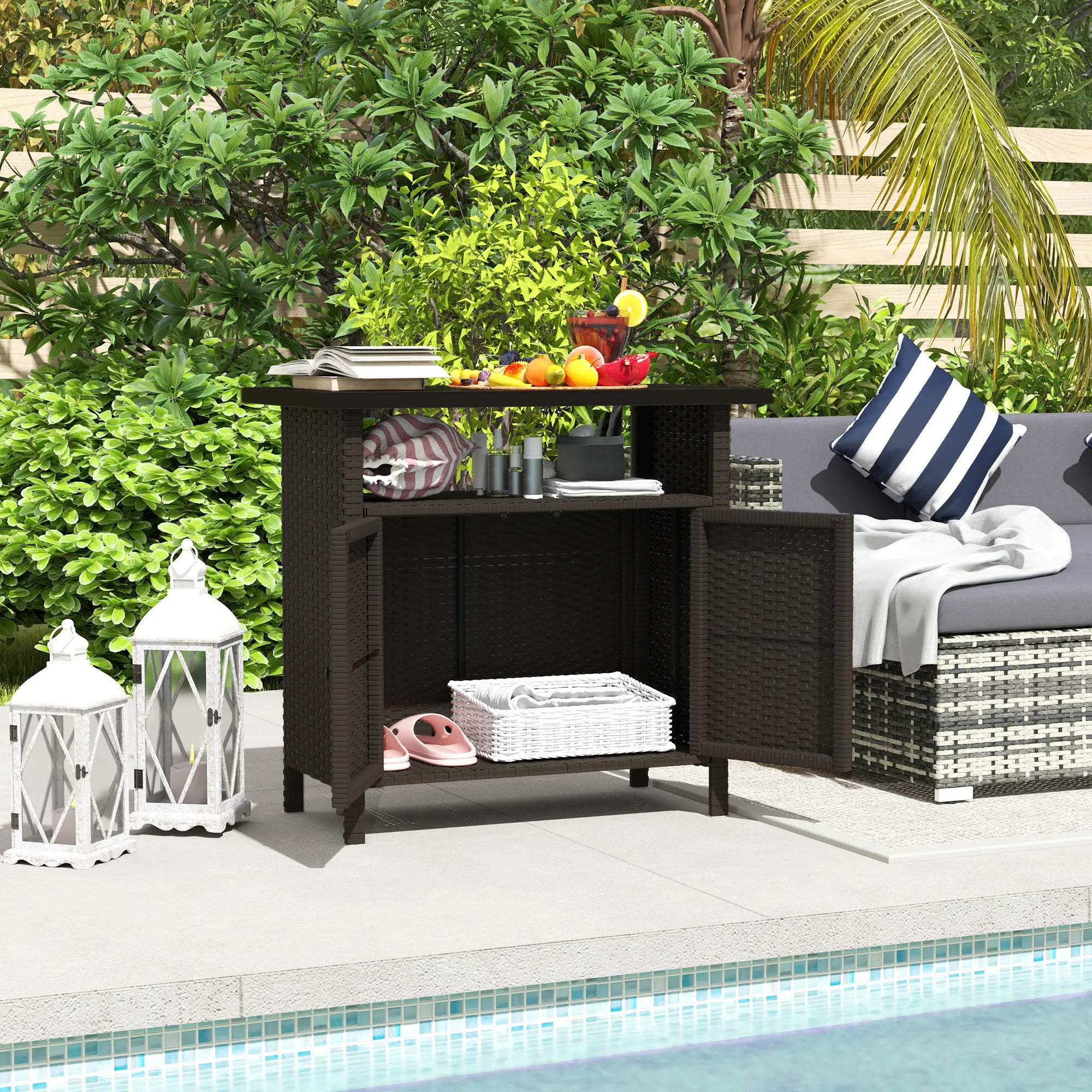 Wicker Outdoor Storage Cabinet, Two Doors With Shelf, Dark Coffee Patio Storage Boxes at Gallery Canada