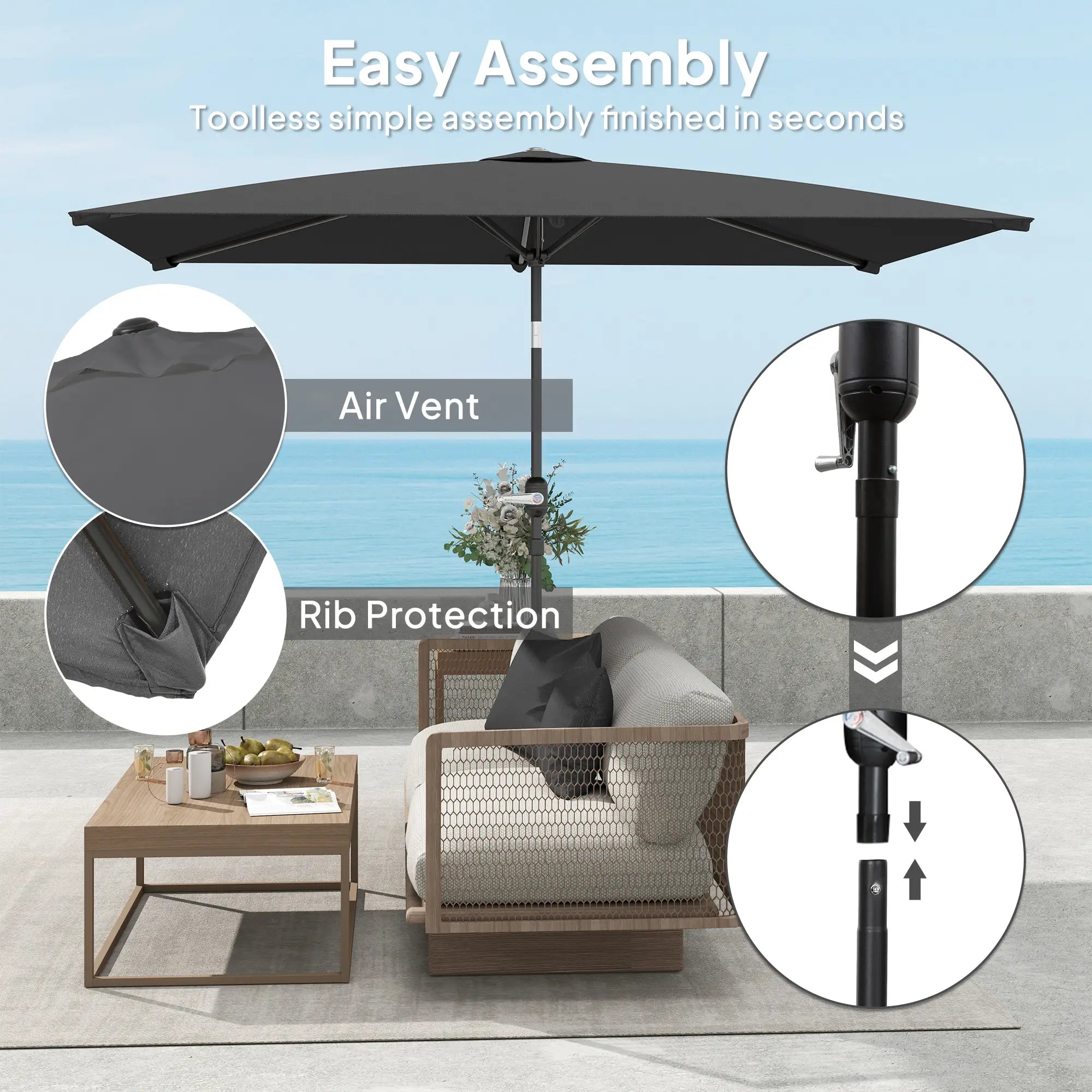 6.6x9.6ft Rectangle Aluminum Patio Umbrella, Outdoor Sunshade Canopy, Dark Grey Sun Umbrellas at Gallery Canada