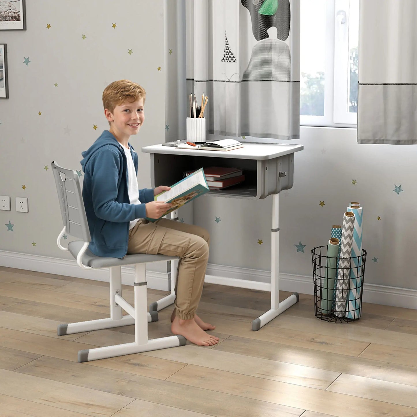 Kids Desk And Chair Set, Height Adjustable, With Drawer, Grey Kids Desk Sets at Gallery Canada