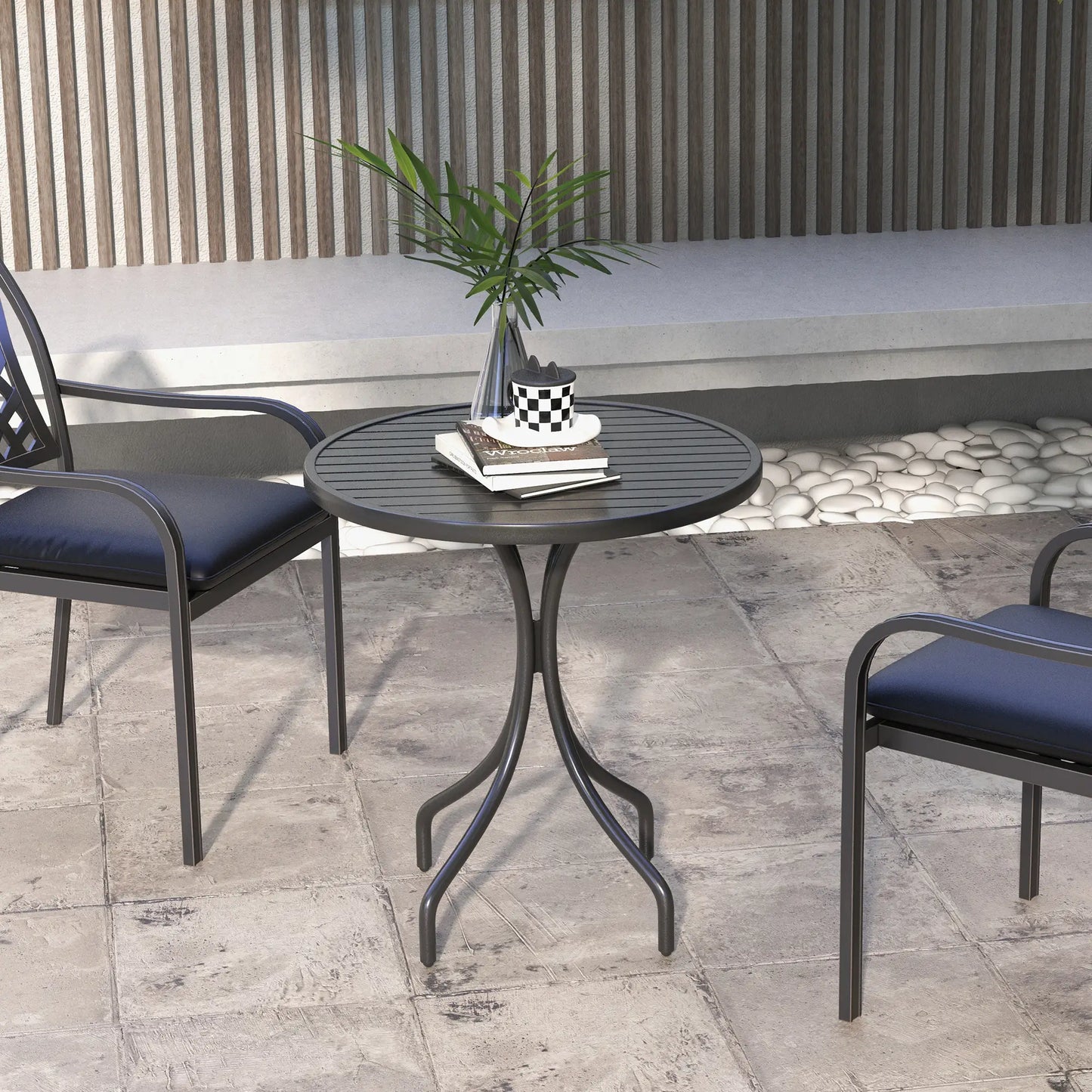 26" Round Patio Table, Outdoor Side Table, Steel Frame, Slat Tabletop, Black Patio Side Tables at Gallery Canada