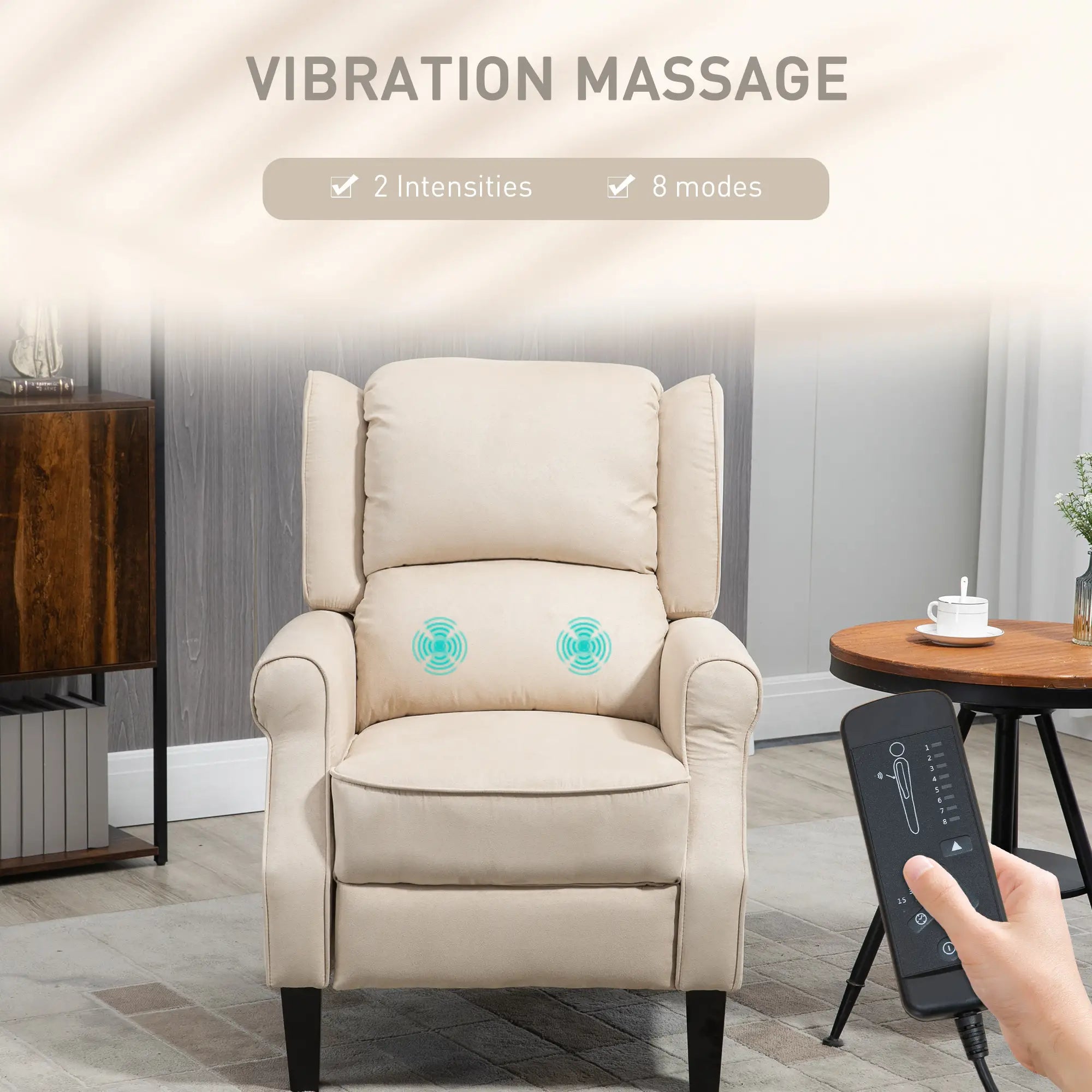 Massage Recliner Chair, Suede Wingback with Footrest, Wood Legs, Remote, Beige Single Sofas at Gallery Canada