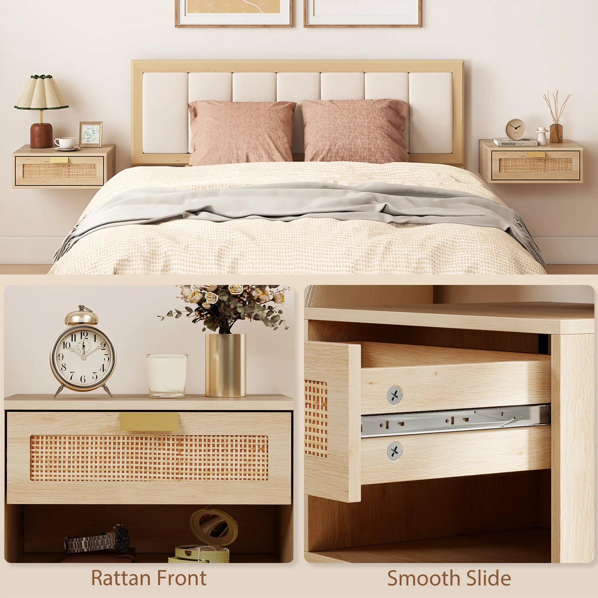 Floating Bedside Tables Set Of 2, Wall Mounted Nightstands, Rattan Drawer, Wood Effect, Oak Bedside Tables at Gallery Canada