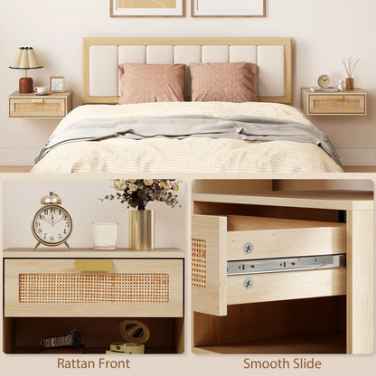 Floating Bedside Tables Set Of 2, Wall Mounted Nightstands, Rattan Drawer, Wood Effect, Oak Bedside Tables at Gallery Canada