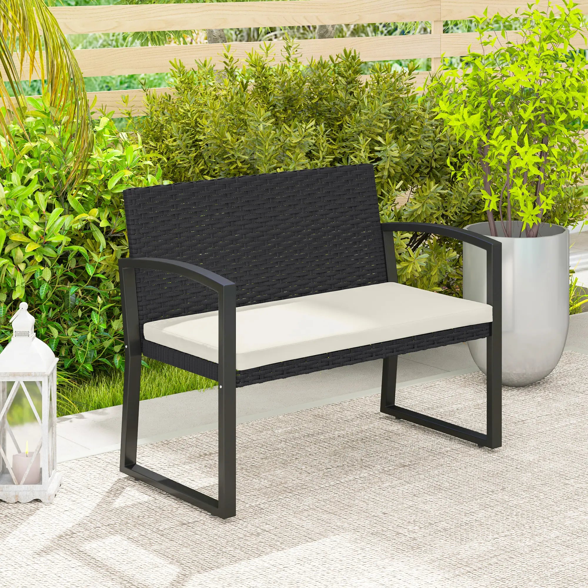 2 Seater Rattan Garden Bench Loveseat, With Cushion And Armrests, Beige Patio Chairs at Gallery Canada