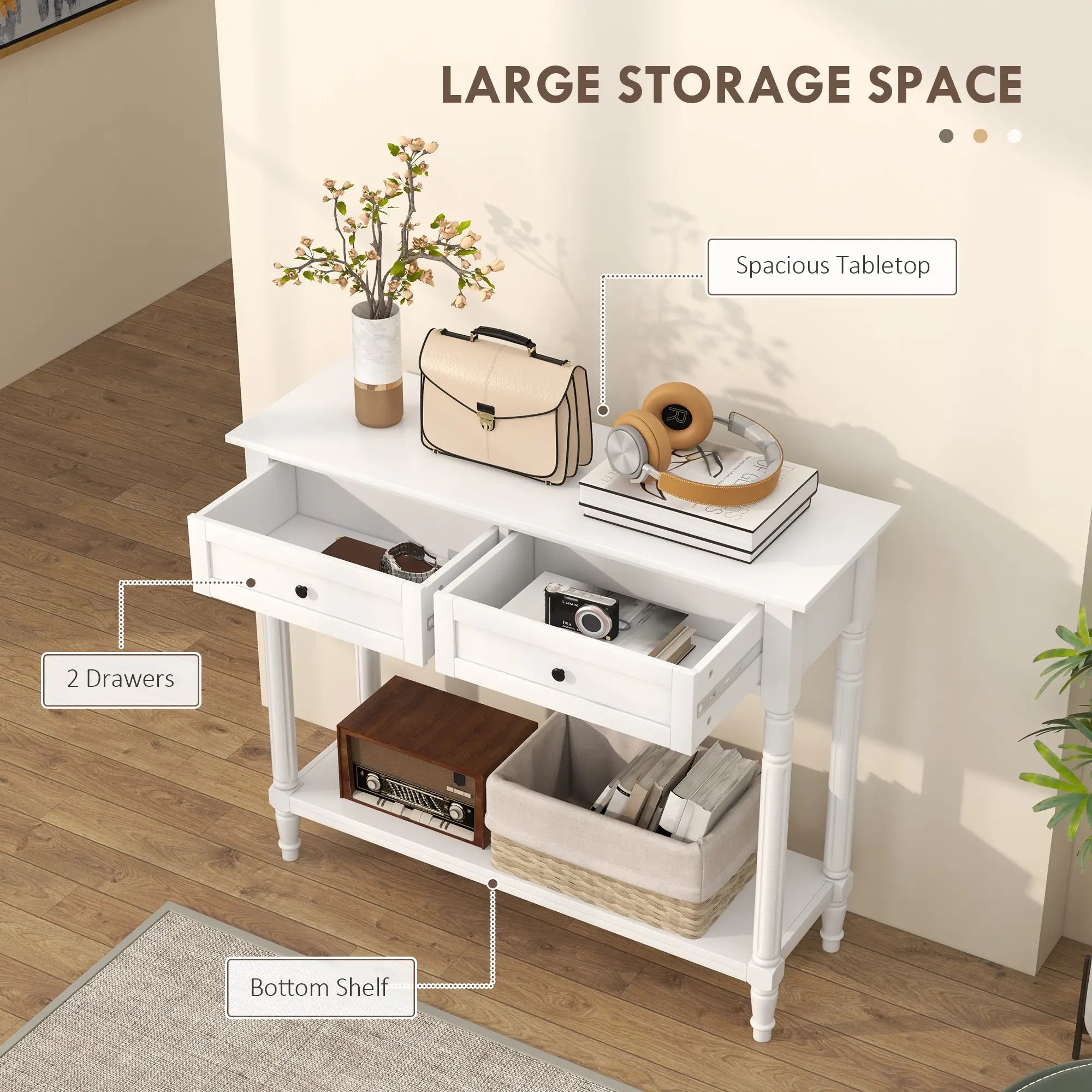 Modern Hallway Console Table, 2 Drawers, Storage Shelf, Turned Legs, White Console Tables at Gallery Canada