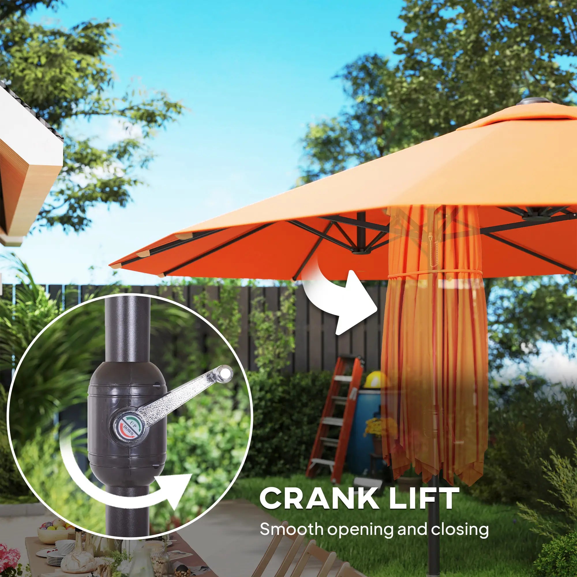 15' Outdoor Patio Umbrella, Twin Canopy Sunshade, Steel Table, Lift Crank, Orange Sun Umbrellas at Gallery Canada
