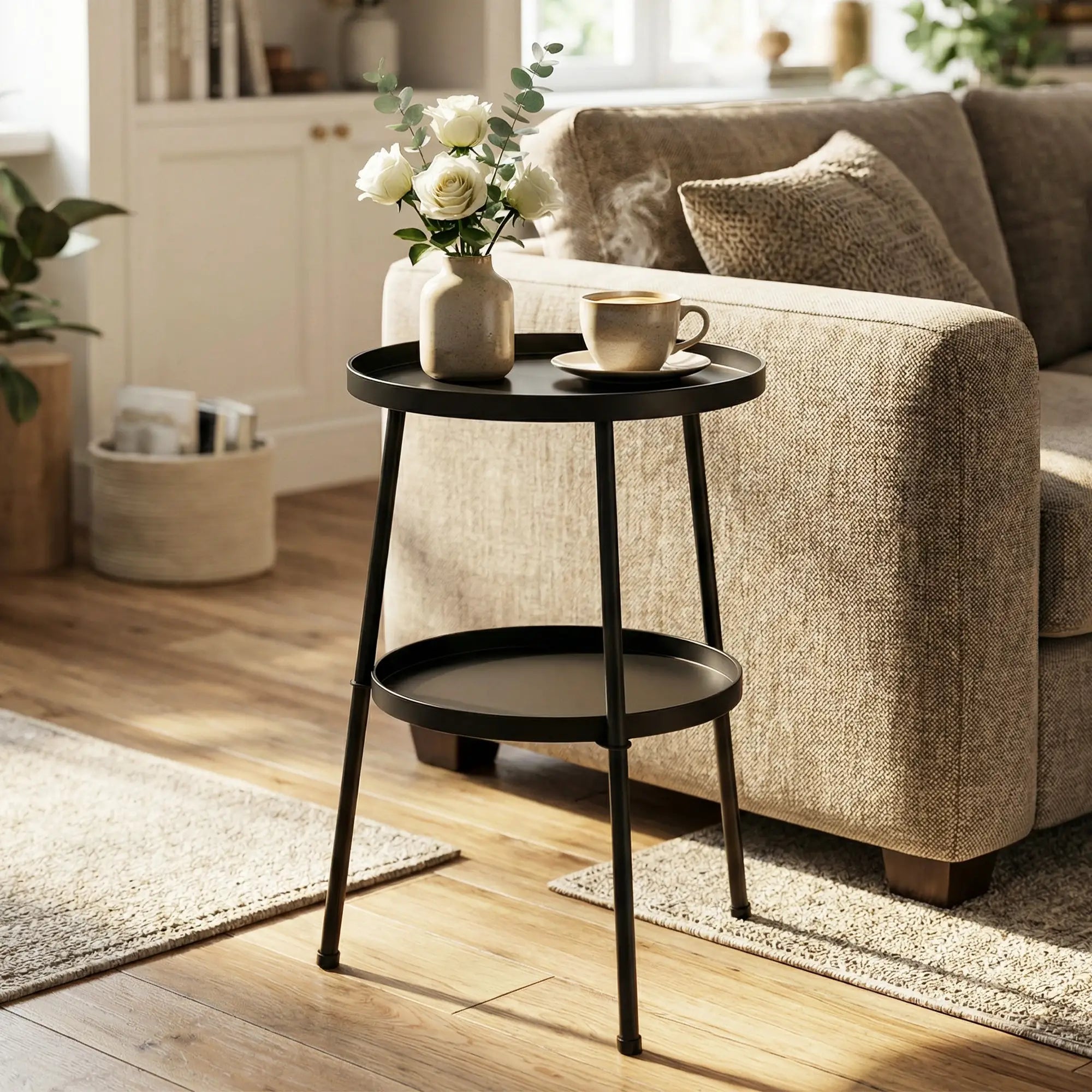 Metal Patio Side Table, 2-Tier Round End Table, Black Patio Side Tables at Gallery Canada