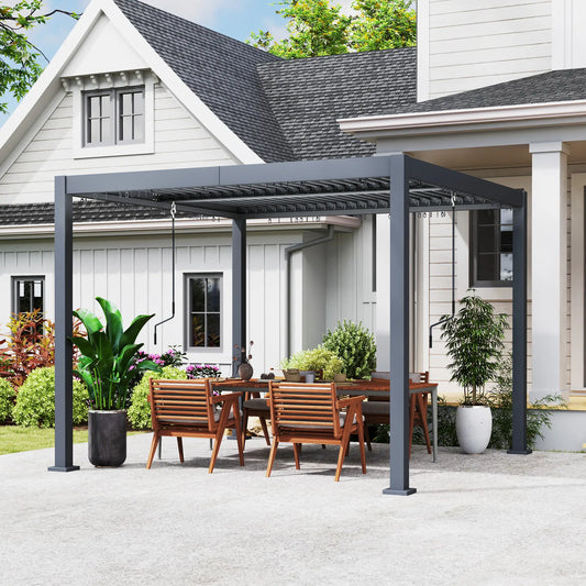 10' x 10' Adjustable Metal Roof Pergola, Aluminum Frame, Drainage System Pergolas Dark Grey at Gallery Canada