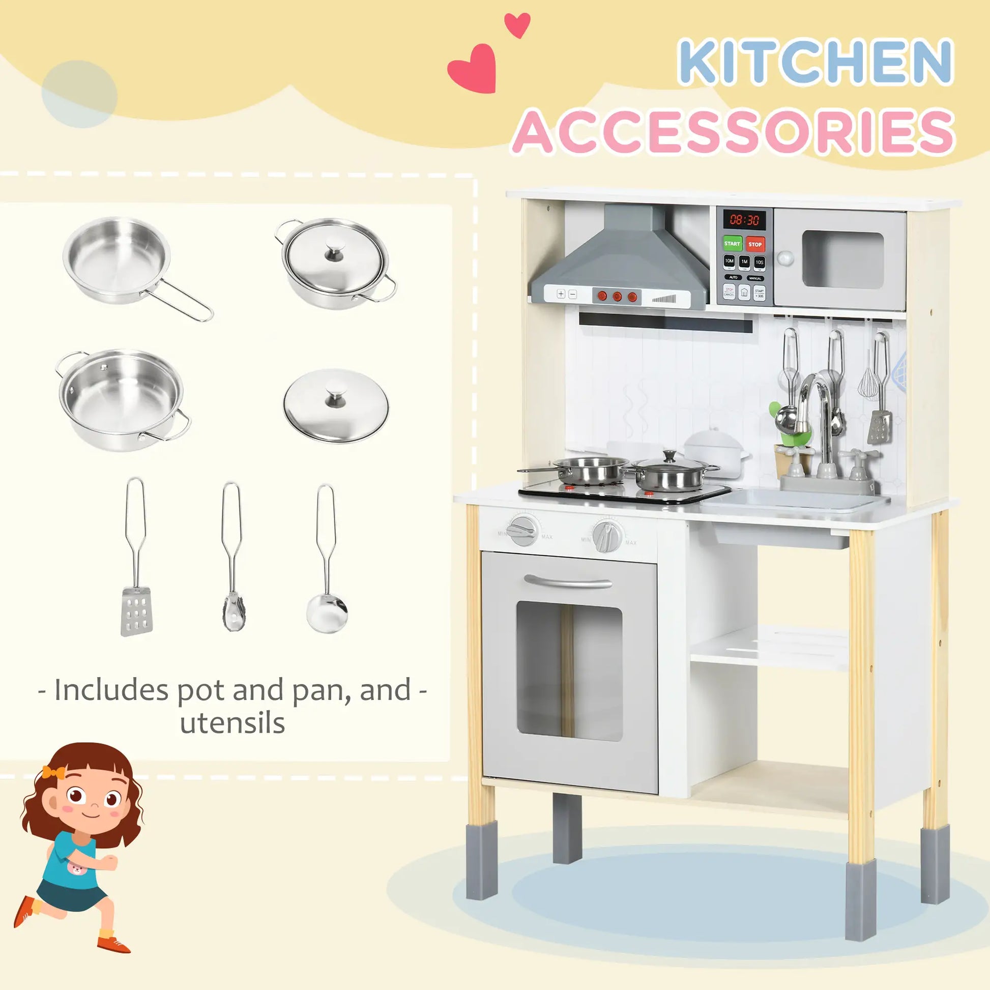 Wooden Play Kitchen, Realistic Lights Sounds, Microwave, Range Hood, White Play Kitchen at Gallery Canada