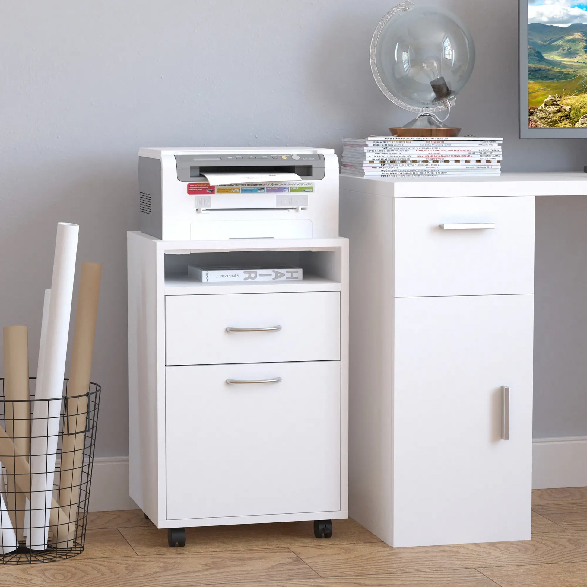 24" Small Filing Cabinet, Open Compartment, Drawer, Wheels, White Office Cabinets & Cupboards at Gallery Canada