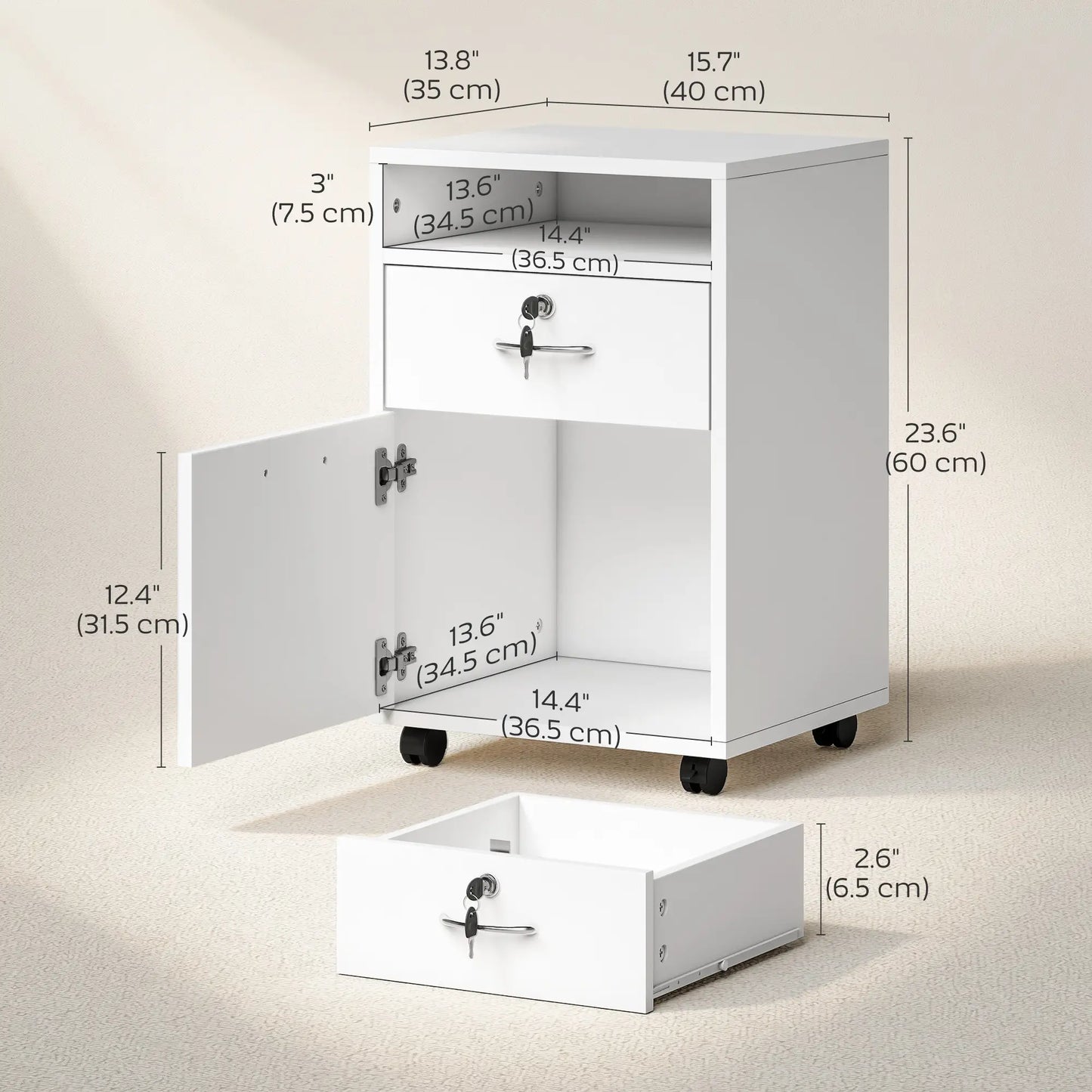 24" Vertical Filing Cabinet with Lock, Mobile, White Office Cabinets & Cupboards at Gallery Canada