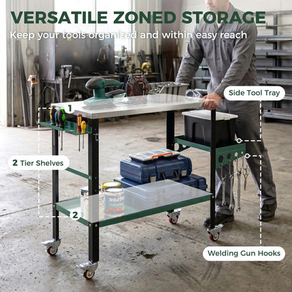 2Tier Rolling Tool Cart with Wheels, Lockable Steel Heavy Duty Cart with Side Tray, Silver &; Green Tool Organizers at Gallery Canada