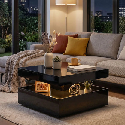 LED Coffee Table with Storage, 2-Tier Modern Center Table with Open Shelf and Remote for Living Room, High Gloss Black