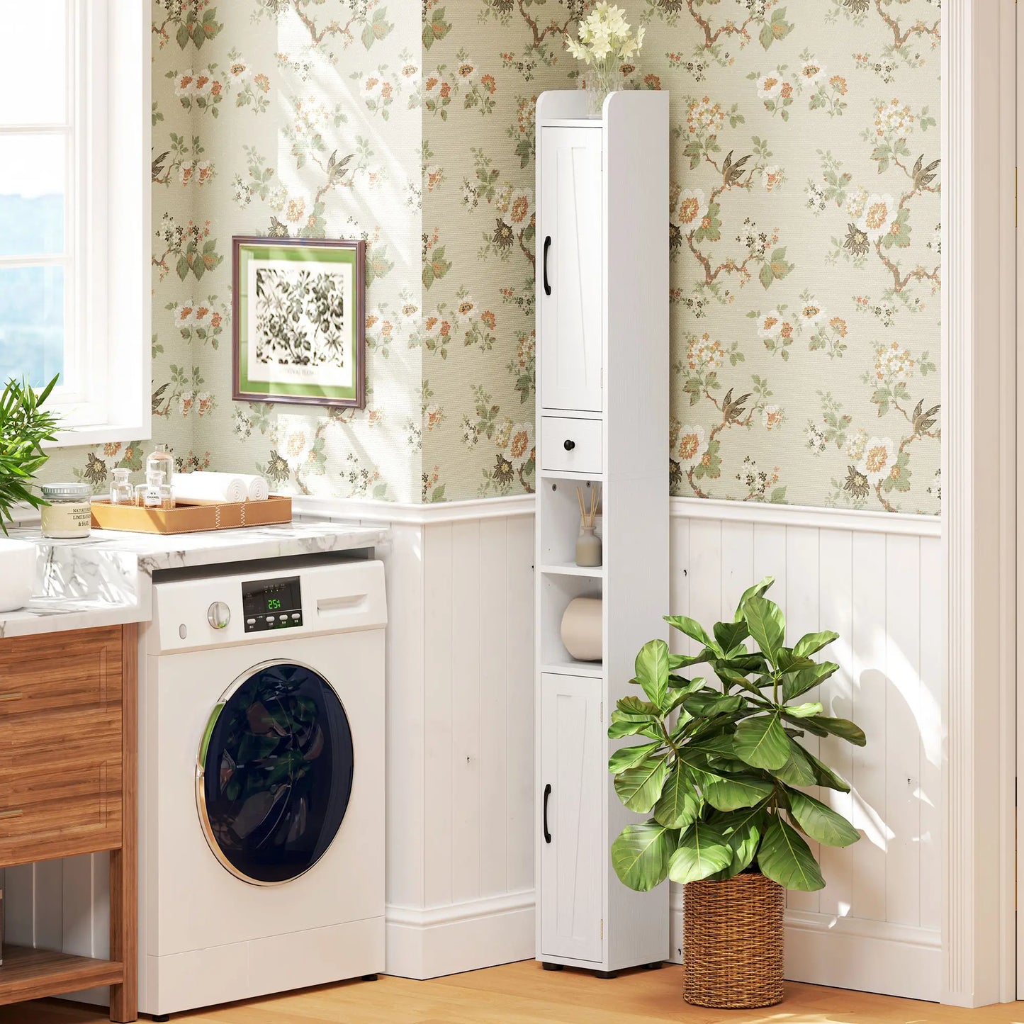 Narrow Bathroom Cabinet, Tall Storage with Barn Doors, Drawer, Adjustable Shelves, Wood Grain, White Bathroom Cabinets at Gallery Canada