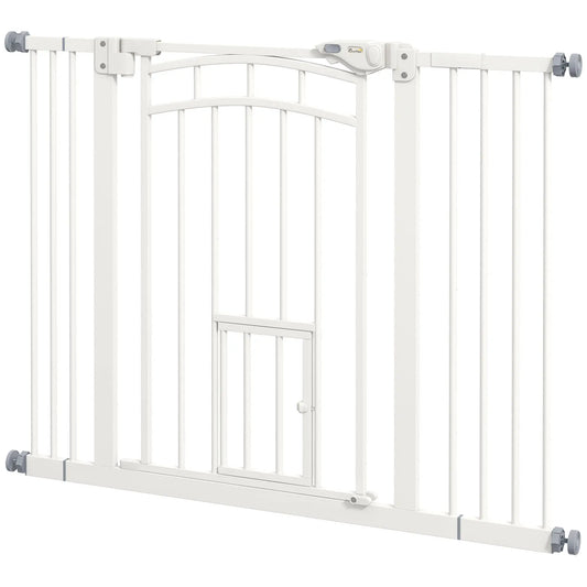 Auto-Close Pet Gate With Cat Door, Double Locking, Fits 29"-39.4" Wide, White Houses, Kennels & Pens White at Gallery Canada