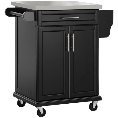 Kitchen Island with Stainless Steel Top, Rolling Cart, Storage Drawer, Black
