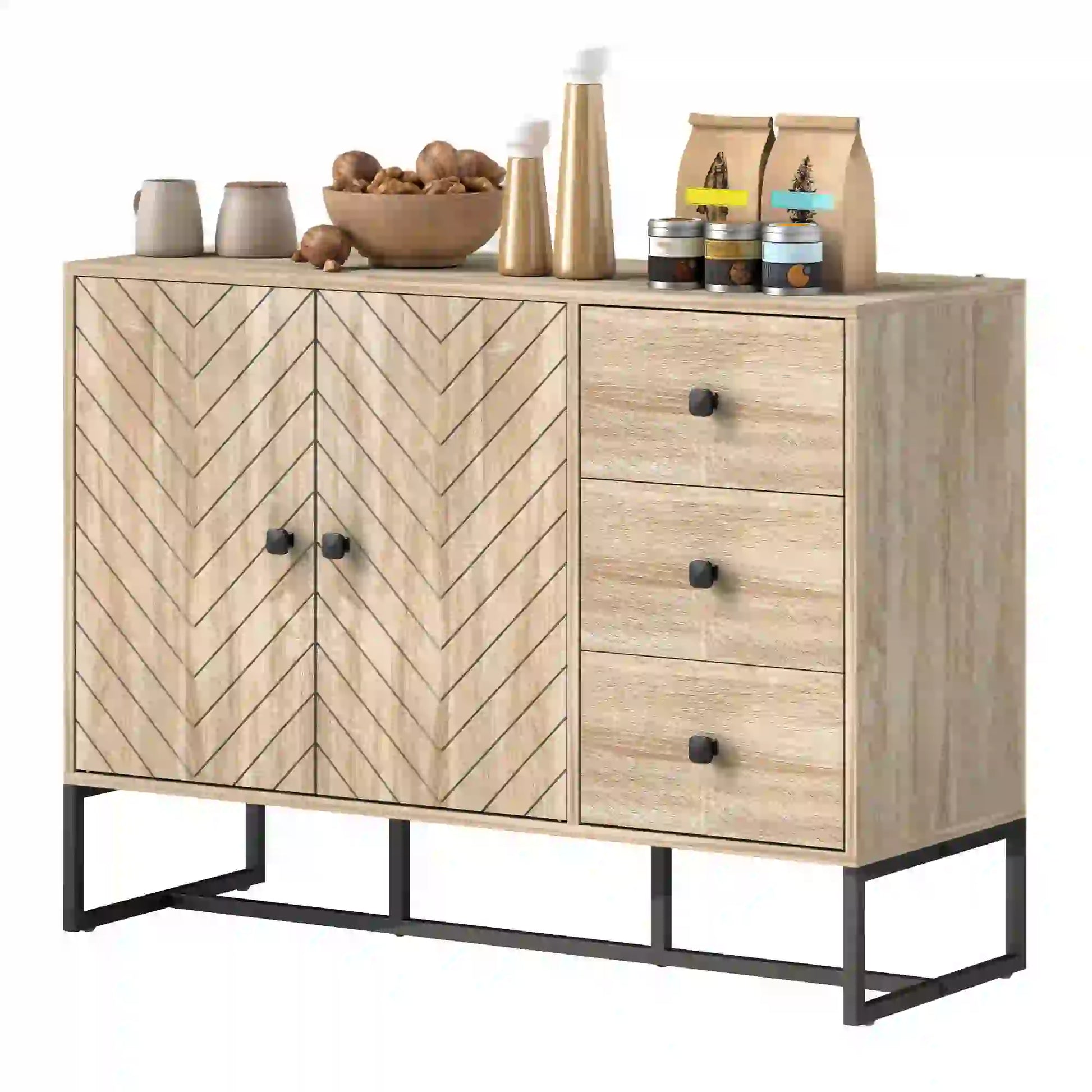 Modern Sideboard, 42.5" Buffet Cabinet, Adjustable Shelves, 3 Drawers, Oak Storage Cabinets Oak at Gallery Canada