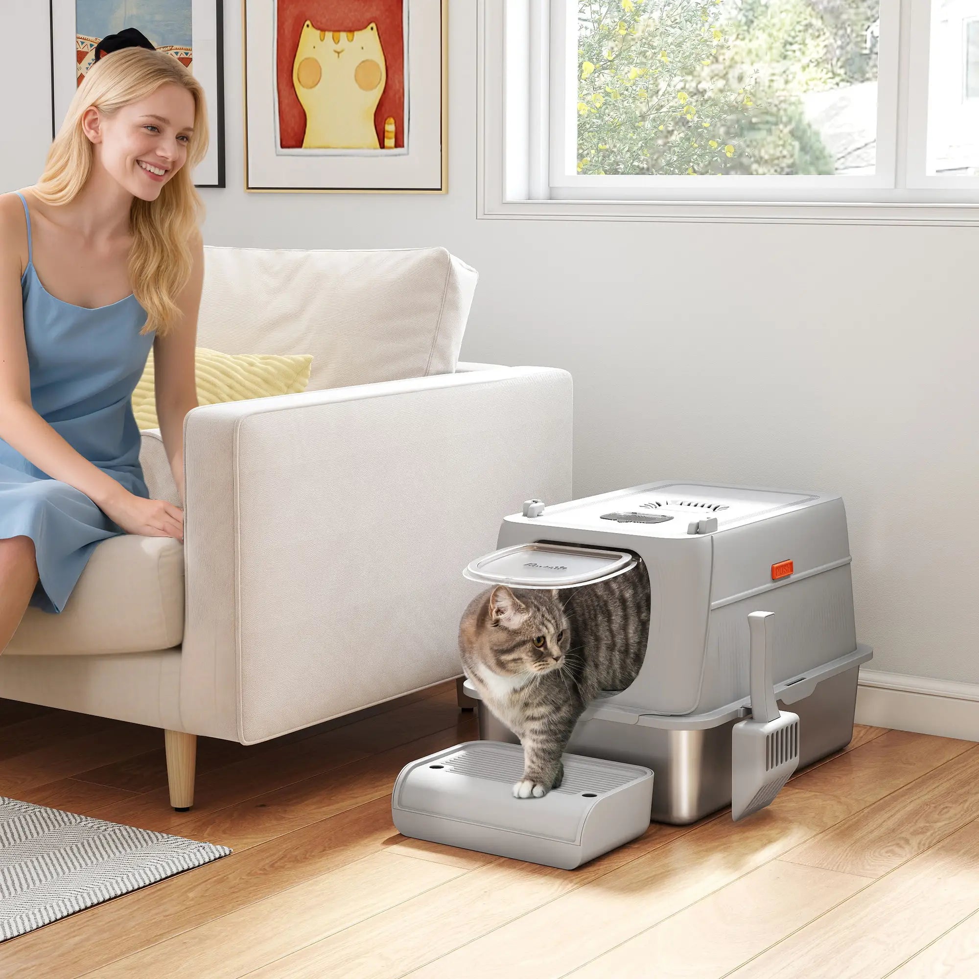 XL Stainless Steel Cat Litter Box, Flip Cover, Pedal, Deodorizer Cat Litter Box Enclosures at Gallery Canada