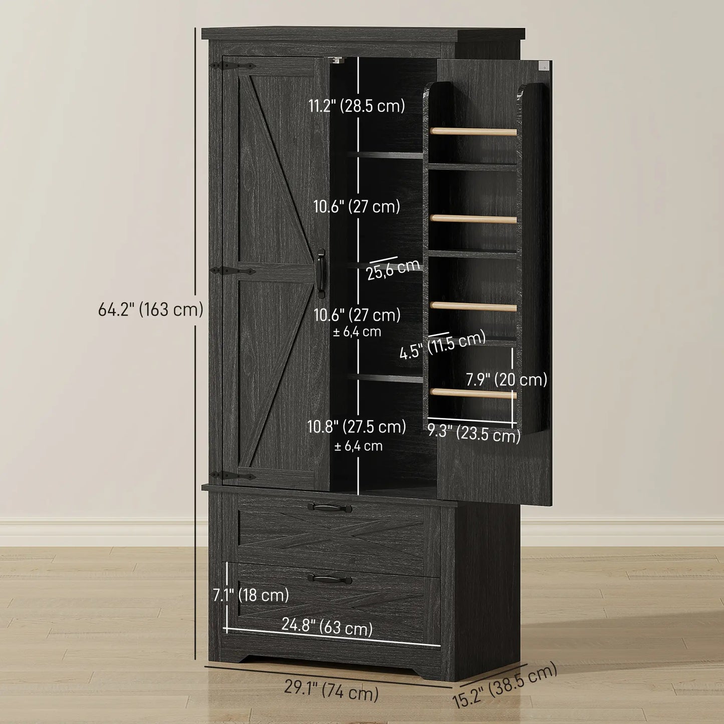 Farmhouse Kitchen Pantry Storage Cabinet, 64 Inch, Distressed Black Kitchen Pantry Cabinets at Gallery Canada