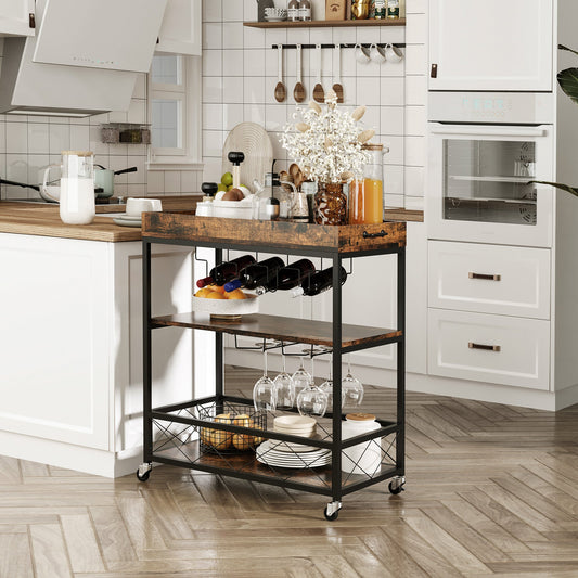 3-Tier Kitchen Cart on Wheels with Removable Tray, Wine Racks, Glass Holders Rustic Brown - Gallery Canada
