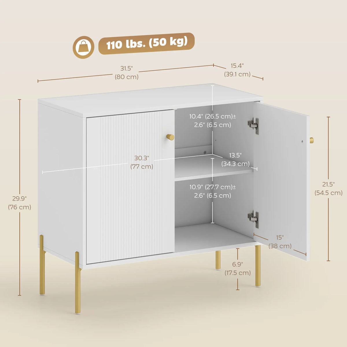 Meuble d'appoint, Buffet Moderne, Portes Cannelées, Étagère Réglable, Blanc