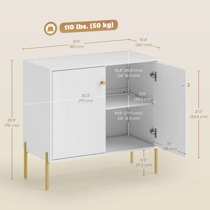 Meuble d'appoint, Buffet Moderne, Portes Cannelées, Étagère Réglable, Blanc