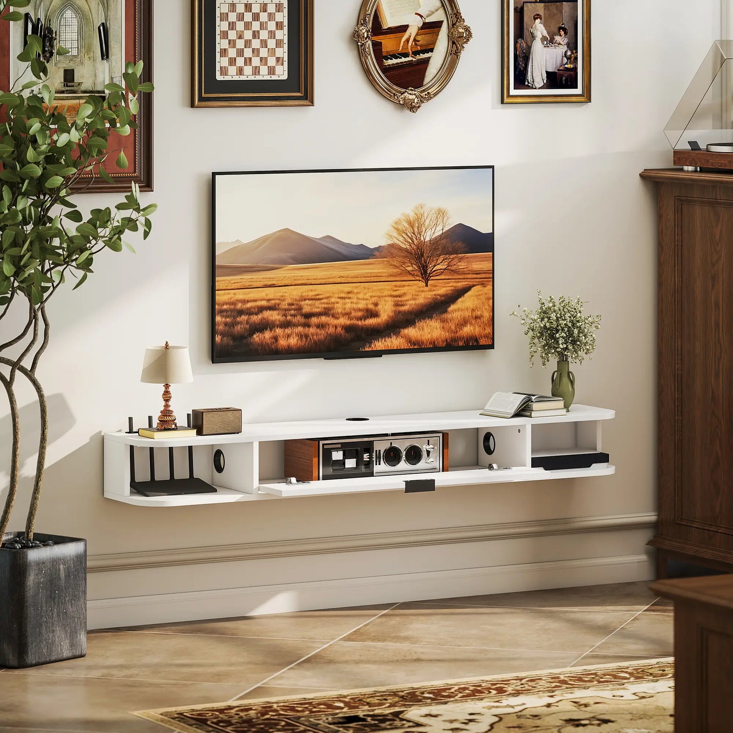 55 Inch Floating TV Stand, Wall Mounted Media Console, Flip Drawer, 2 Shelves, White TV Stands at Gallery Canada