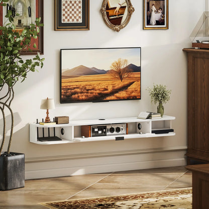 55 Inch Floating TV Stand, Wall Mounted Media Console, Flip Drawer, 2 Shelves, White TV Stands at Gallery Canada