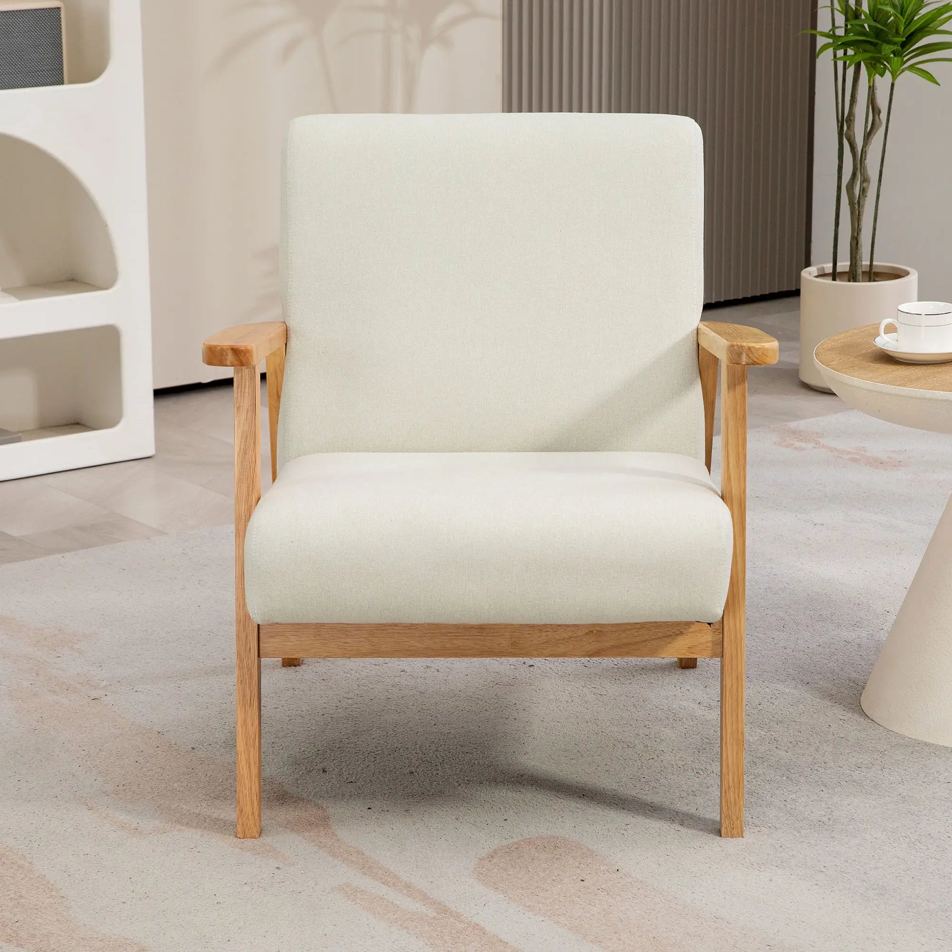 Mid-Century Modern Accent Chair Retro Fabric Armchair Wooden Arm Upholstered Lounge Chair for Living Room Cream White Accent Chairs at Gallery Canada