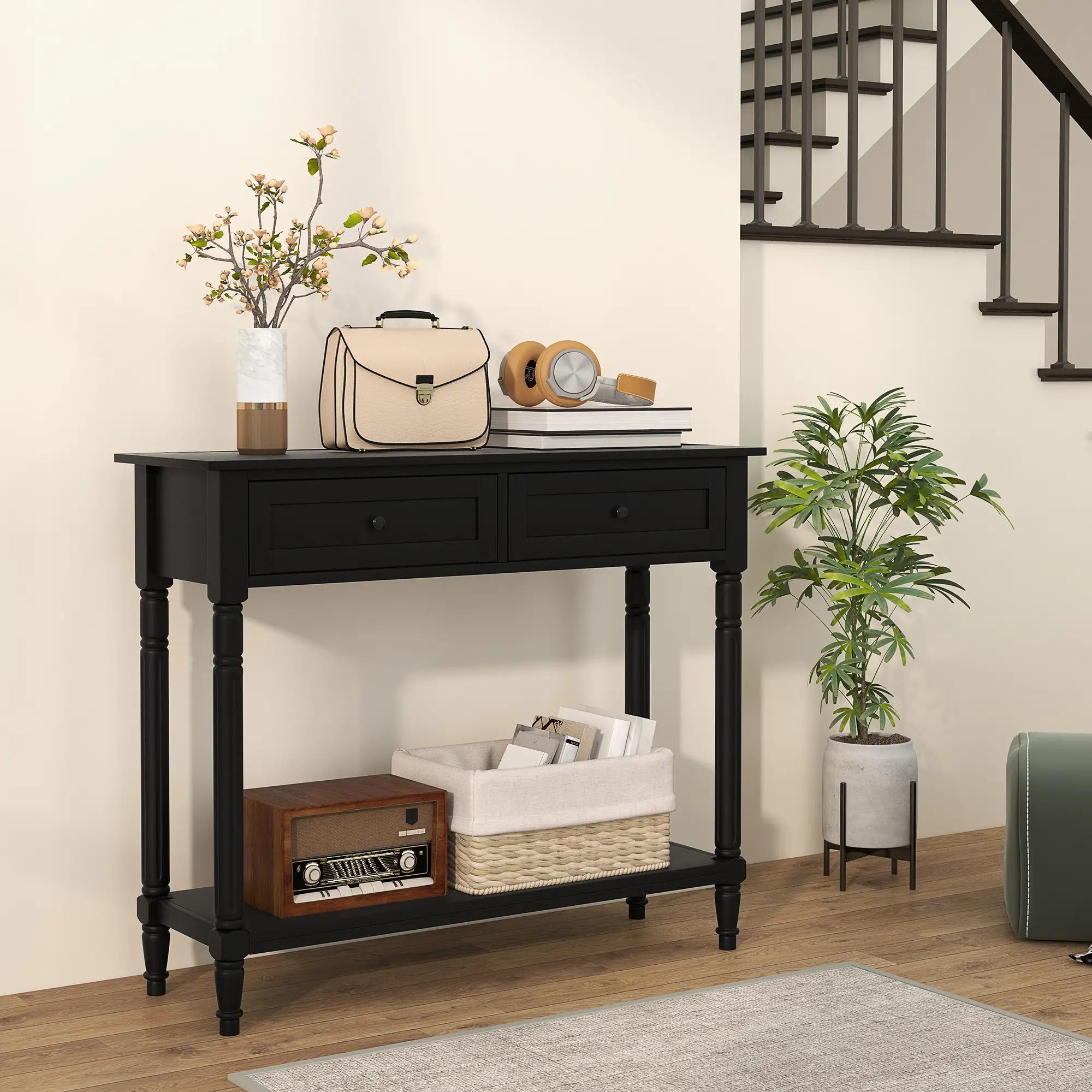Modern Hallway Console Table, 2 Drawers, Storage Shelf, Turned Legs, Black Console Tables at Gallery Canada