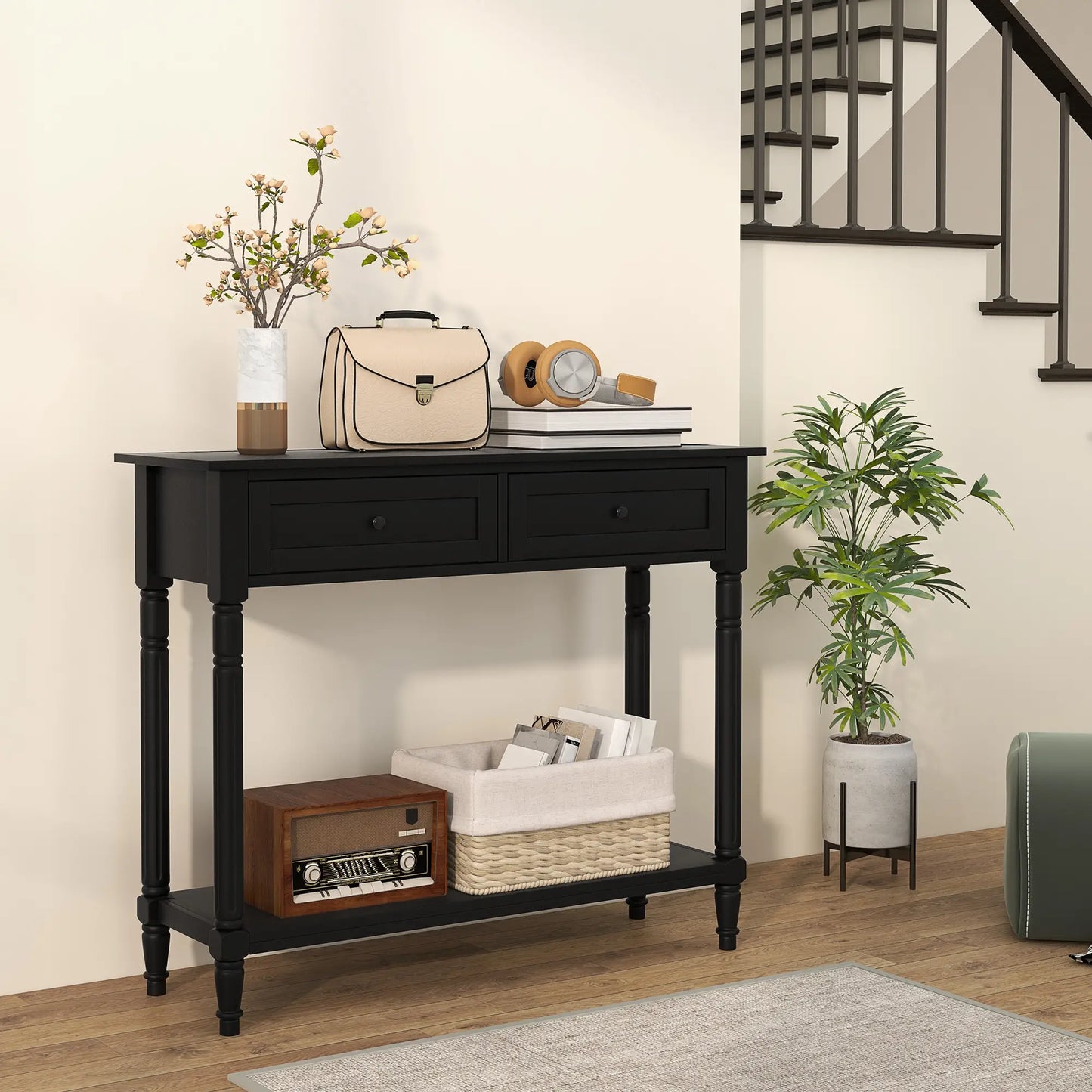 Modern Hallway Console Table, 2 Drawers, Storage Shelf, Turned Legs, Black Console Tables at Gallery Canada