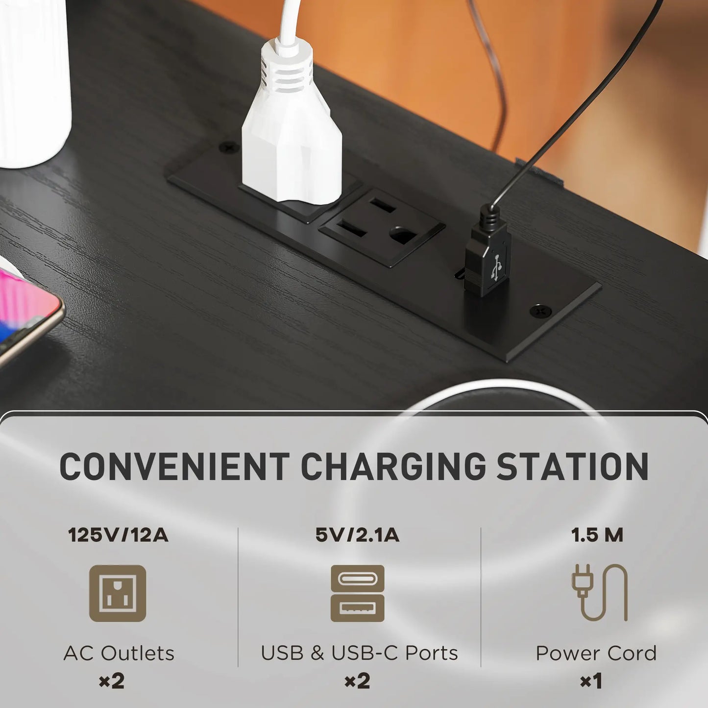 Modern Nightstands Set of 2, Charging Station, Storage, Glass Door, Black Side Tables at Gallery Canada