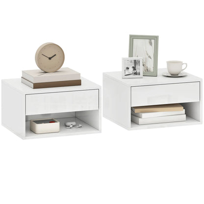 Floating Bedside Tables, Set of 2, Wall-Mounted Nightstand, High Gloss White, White Bedside Tables at Gallery Canada