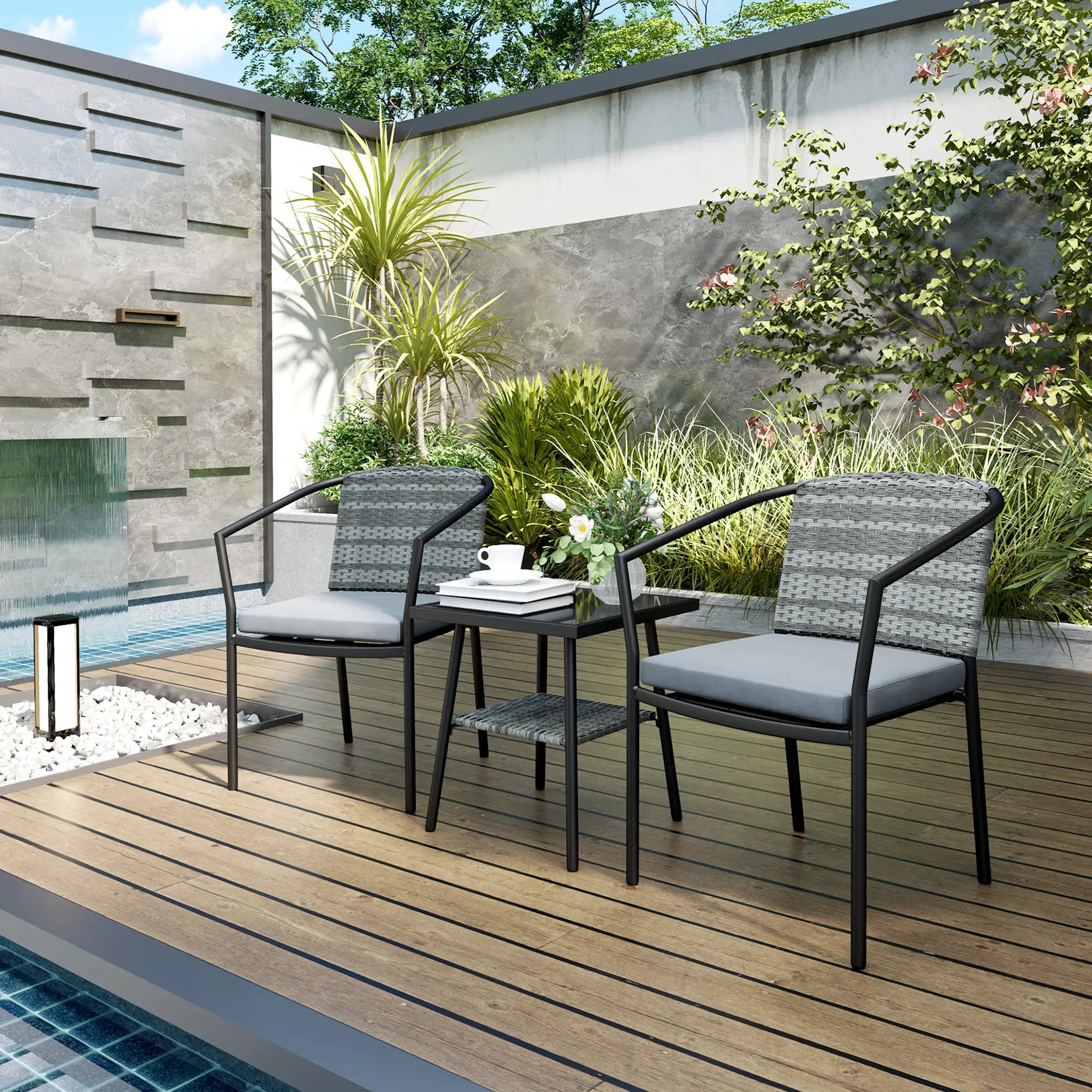 3 Piece Wicker Patio Set, 2-Tier Glass Table, Dark Grey Bistro Sets at Gallery Canada
