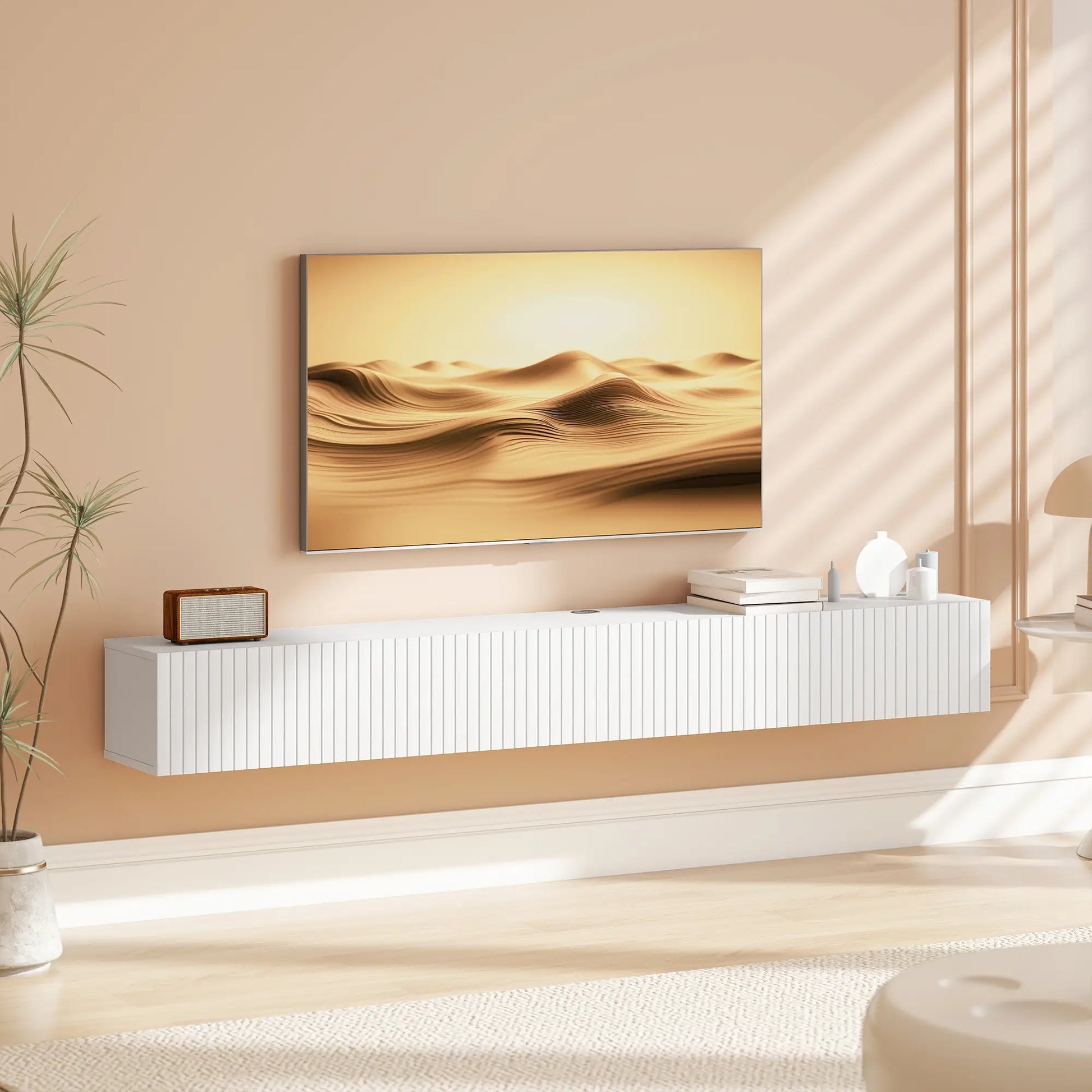 71 Inch Floating TV Stand, Wall Mount Media Console, 2 Fluted Doors, White TV Stands at Gallery Canada