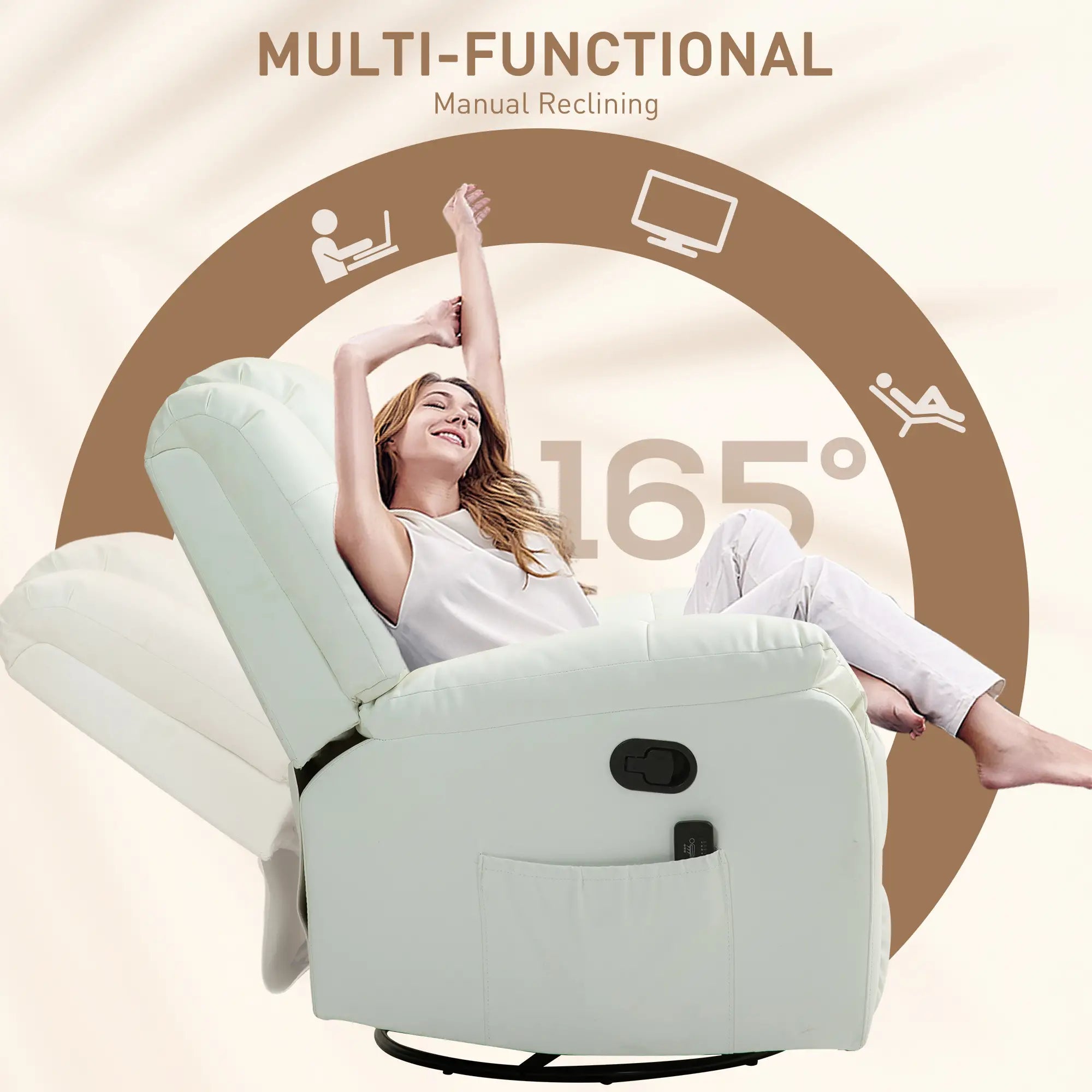 8-Point Vibration Massage Recliner Chair, PU Leather, Manual, Cream White Single Sofas at Gallery Canada
