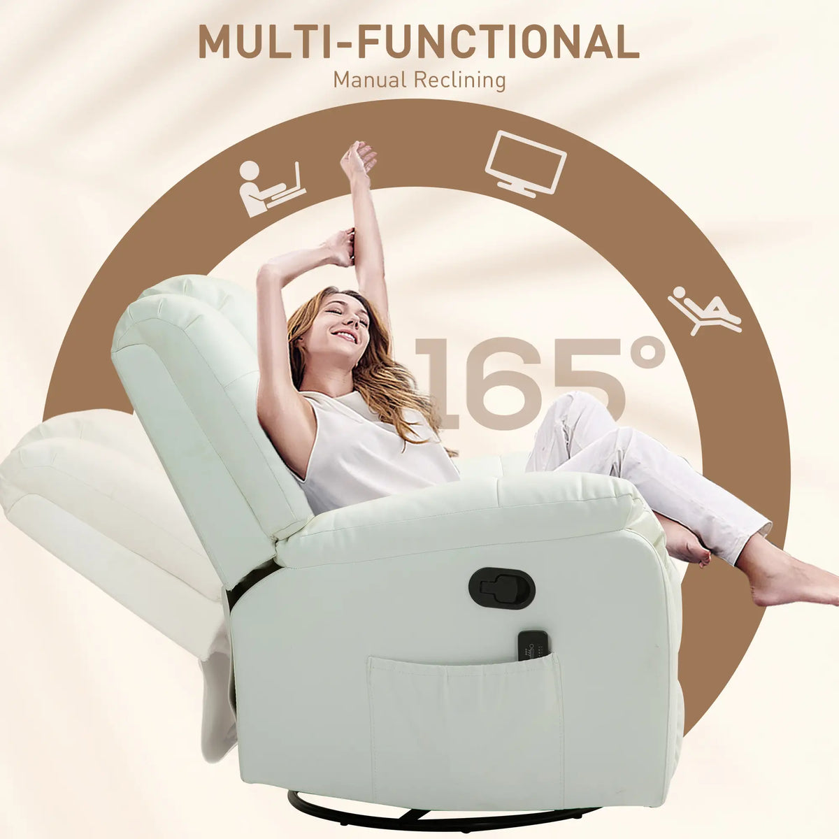 8-Point Vibration Massage Recliner Chair, PU Leather, Manual, Cream White Single Sofas at Gallery Canada