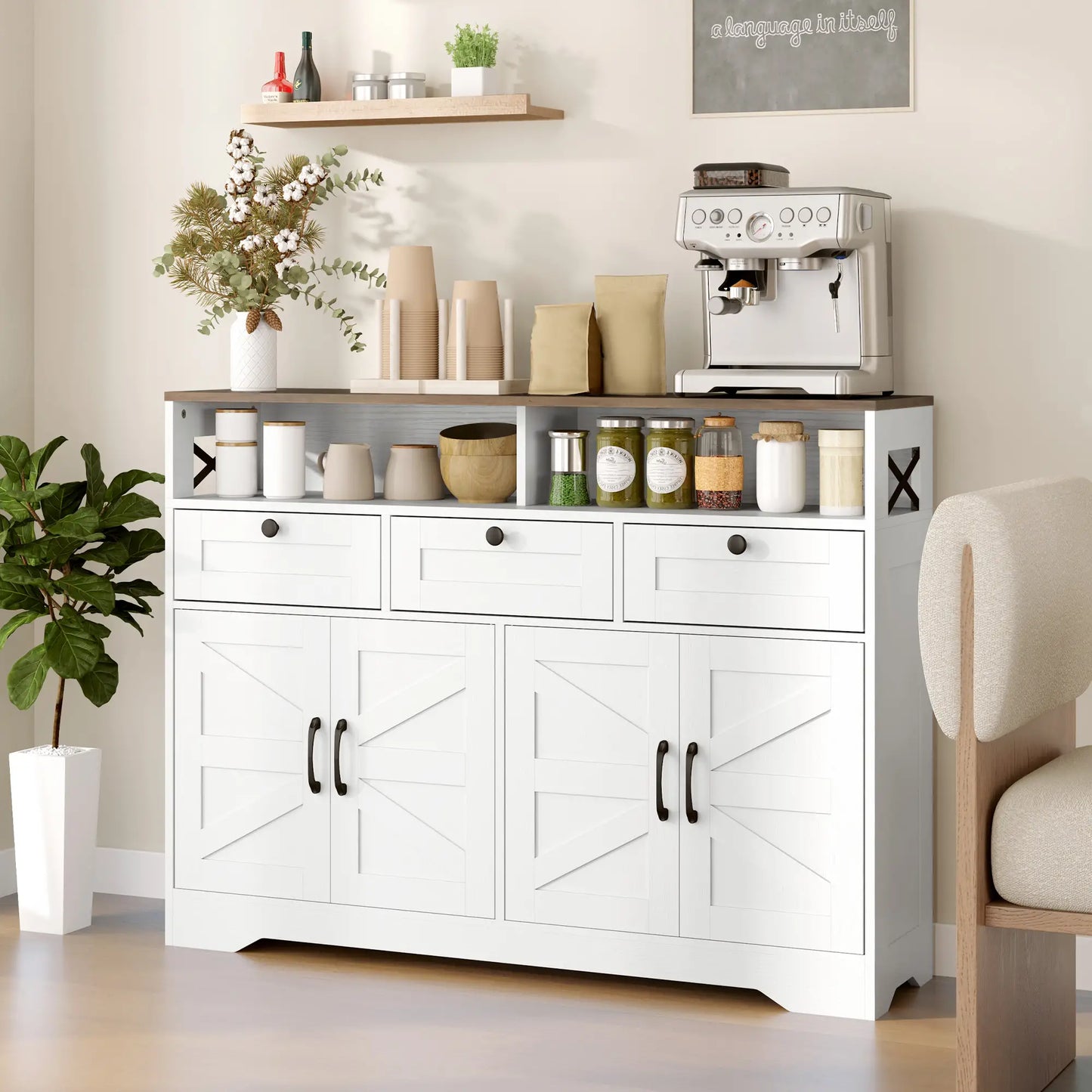 Sideboard, Buffet Cabinet with 4 Barn Doors, 3 Drawers, White Storage Cabinets at Gallery Canada