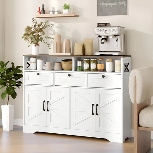 Sideboard, Buffet Cabinet with 4 Barn Doors, 3 Drawers, White
