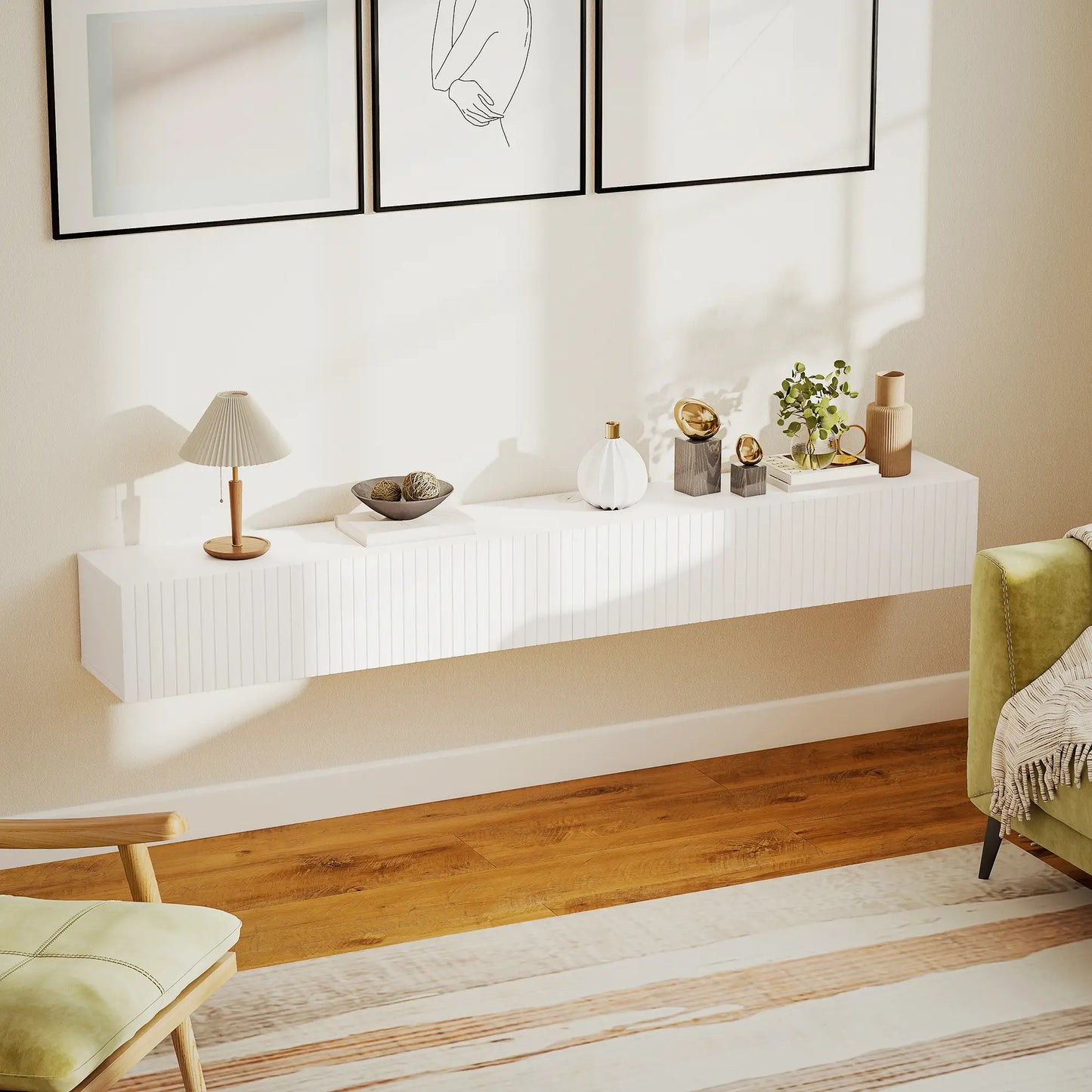 71 Inch Floating TV Stand, Wall Mount Media Console, 2 Fluted Doors, White TV Stands at Gallery Canada