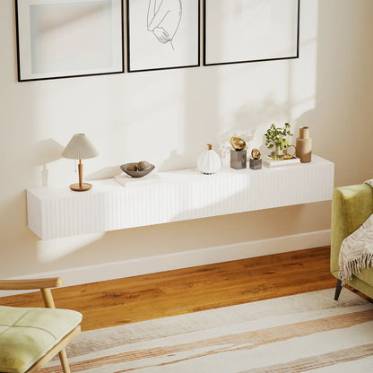 71 Inch Floating TV Stand, Wall Mount Media Console, 2 Fluted Doors, White TV Stands at Gallery Canada