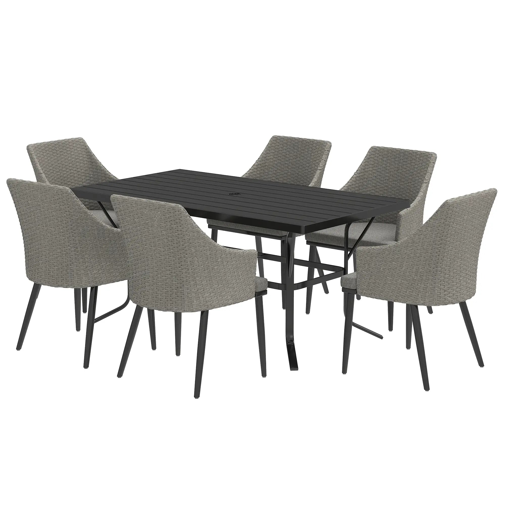 7 Piece Wicker Patio Set, Cushions, Umbrella Hole, Slatted Table Outdoor Dining Sets Grey at Gallery Canada