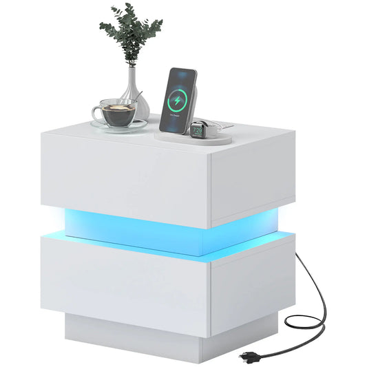 Modern Nightstand with Charging Station, LED Light, USB Ports, White Bedside Tables White at Gallery Canada