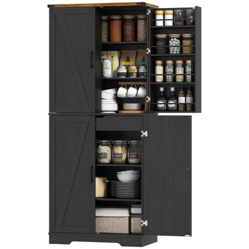 72 Inch Kitchen Pantry Cabinet, 4 Doors, Drawer, Shelves, Black